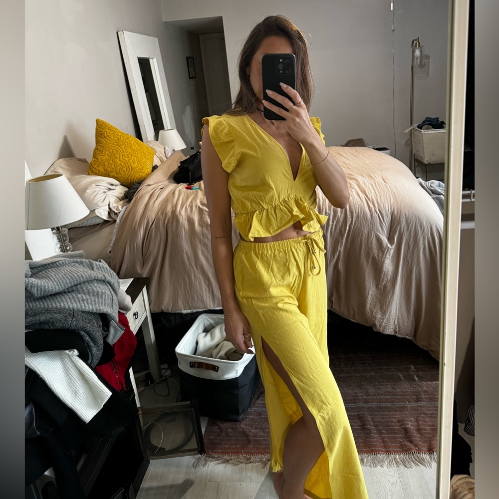 Sunset burnt yellow ruffle sleeve pant slit tunic set resort wear